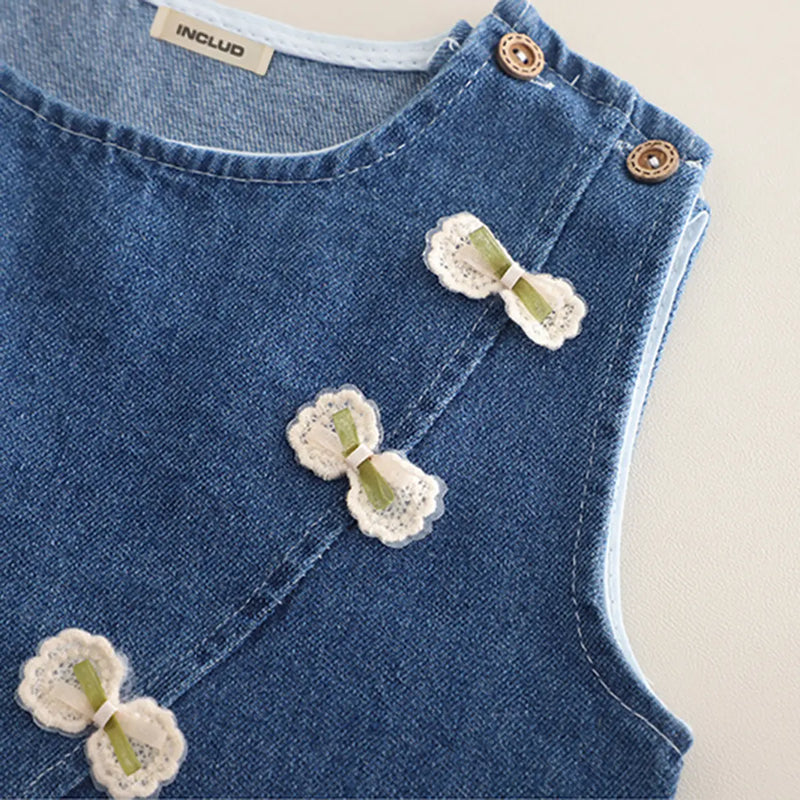Girls Blue Denim Vest With Printed Top & Denim Pants Set Sets