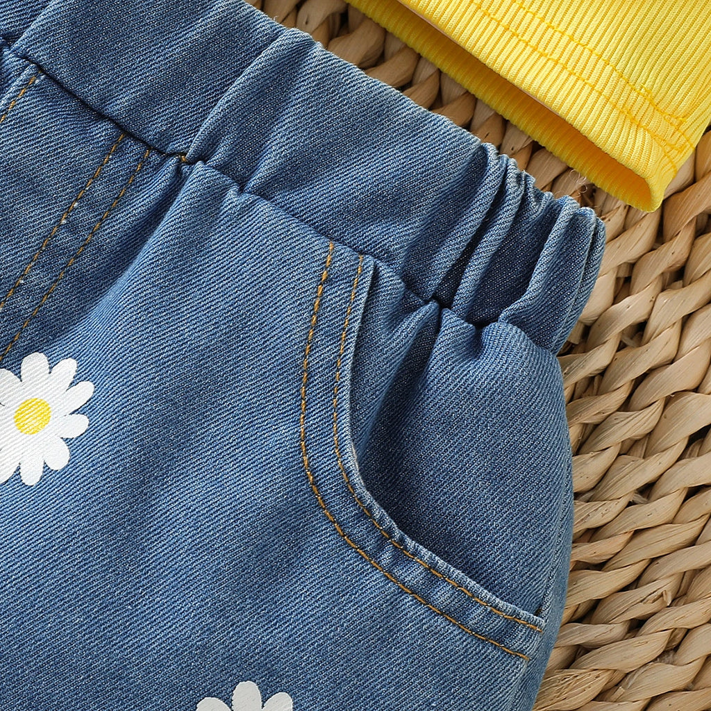 Girls Yellow Big Flower Applique Top With Floral Printed Denim Shorts Set Sets