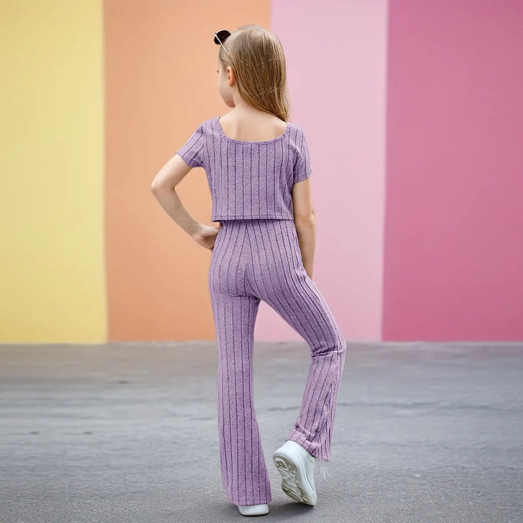 Girls Purple Textured Short Sleeve Top With Flared Pants Sets 2 pc. Sets