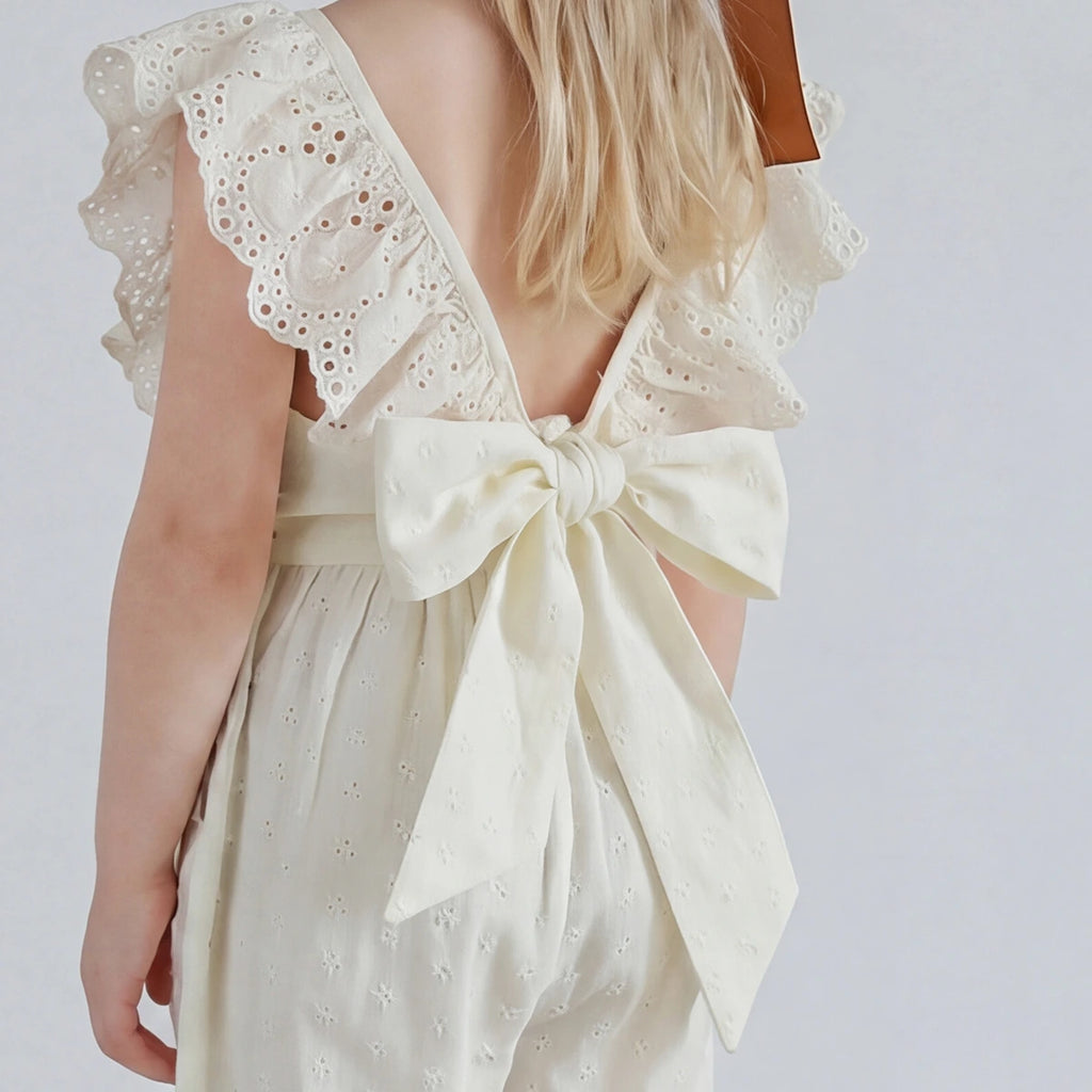 Girls Cream Swiss Dot Flutter Sleeve Jumpsuit Jumpsuits