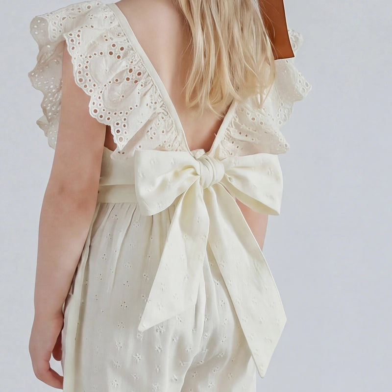 Girls Cream Swiss Dot Flutter Sleeve Jumpsuit Jumpsuits