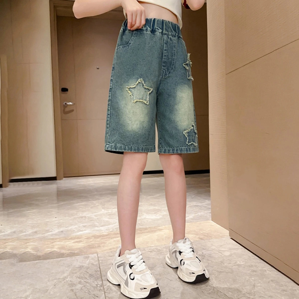 Girls Blue Star Distressed Baggy Fit Denim Shorts Shorts