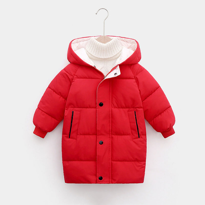 Girls Red Solid Puffer Hooded Long Jacket Coats & Jackets
