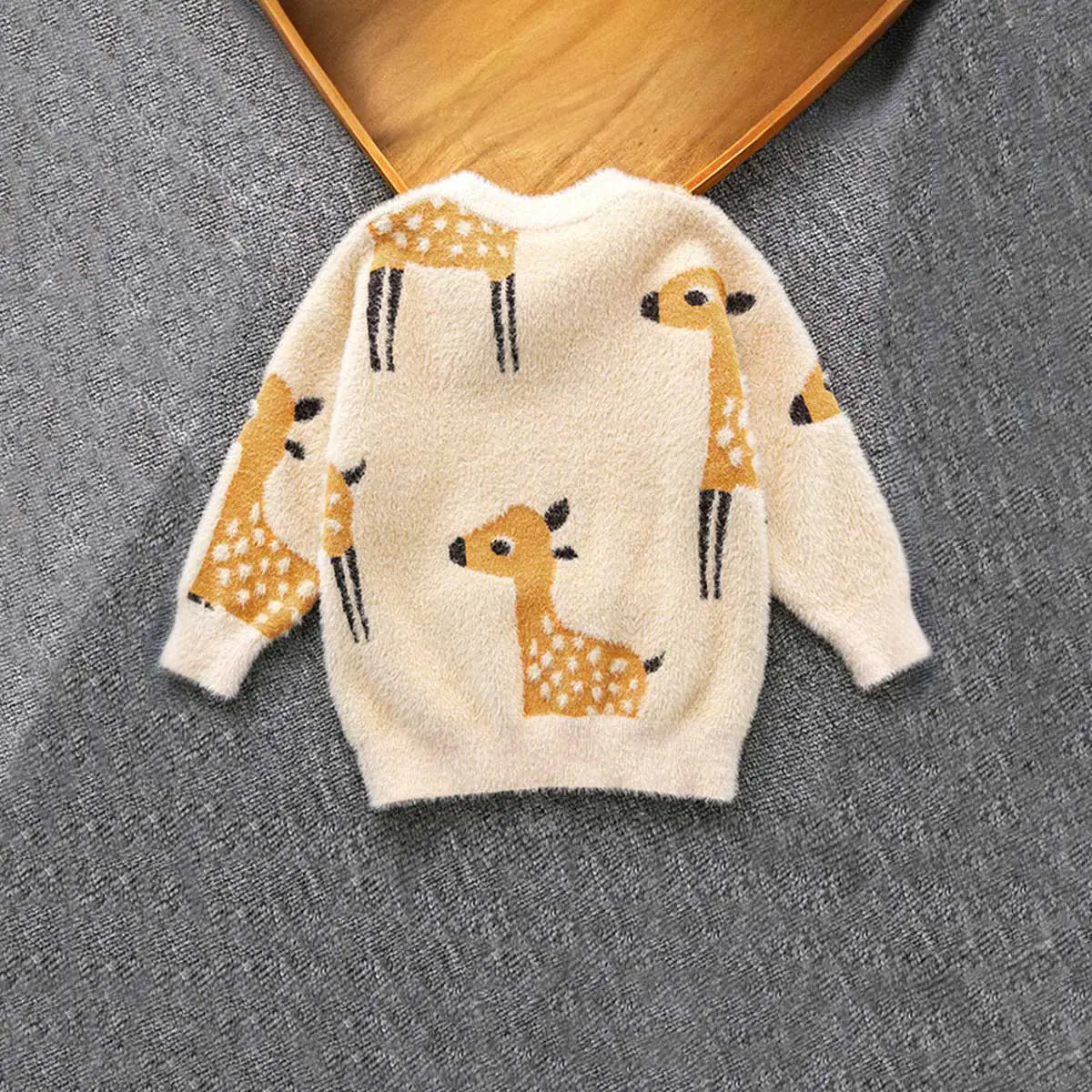 Girls Apricot Puffy Sweater With Self-Design Deer Patterns Sweaters & Cardigans