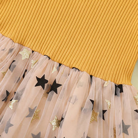 Girls Yellow Star Print Long Sleeve Fit & Flare Dress Casual Dresses