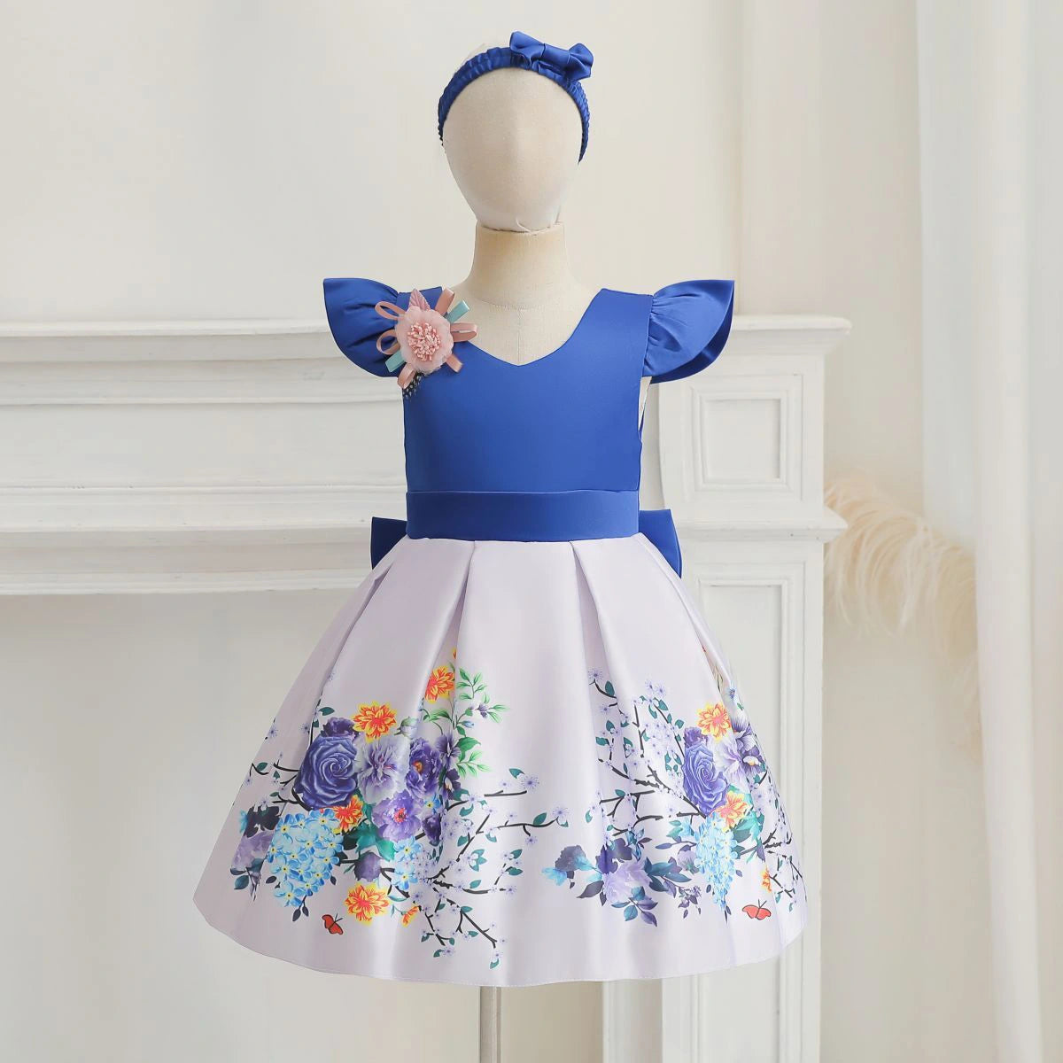 Girls Blue Floral Print Flutter Sleeve Fit & Flare Party Wear Dress Party Dresses Blue 1-2 Y