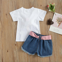 Girls White Ice-Cream Printed Short Sleeve Top With Distressed Denim Shorts Sets 2 pc. Sets