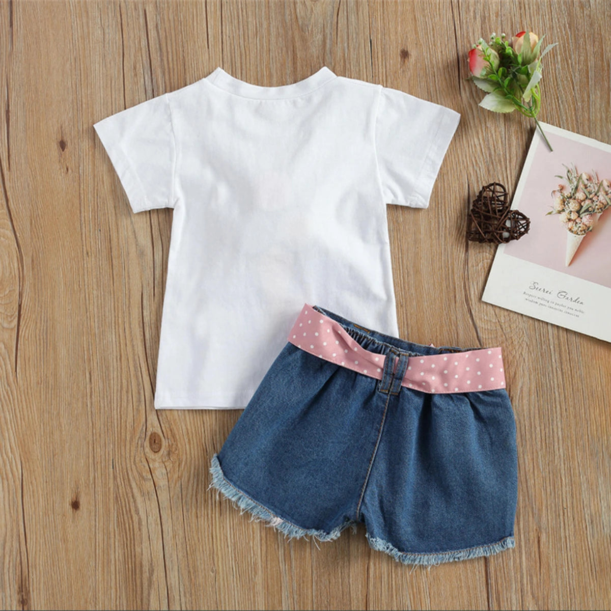 Girls White Ice-Cream Printed Short Sleeve Top With Distressed Denim Shorts Sets 2 pc. Sets