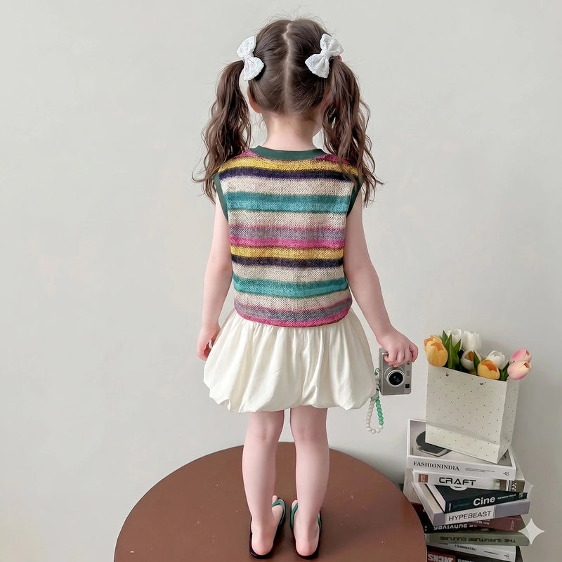 Girls Multicolor Striped Pony Applique Top With Skirt Sets Sets