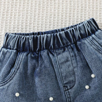 Girls Fuchsia Pearl Bow Lace Top With Denim Shorts Sets Sets