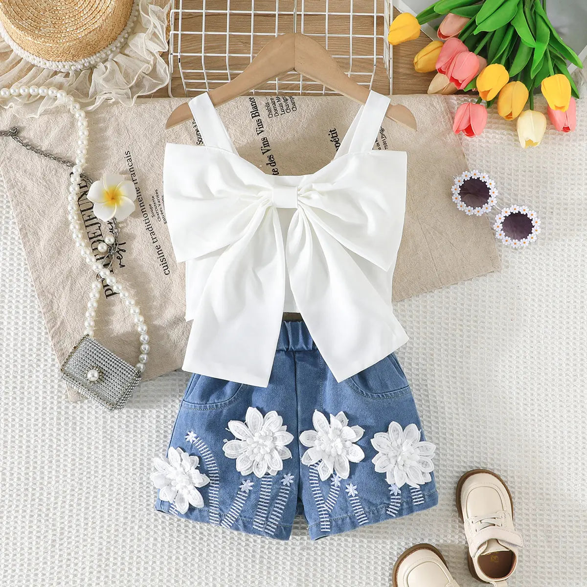 Girls White Bow Crop Top With Floral Embroidered Denim Shorts Sets Sets White 2-3 Y