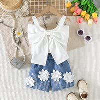 Girls White Bow Crop Top With Floral Embroidered Denim Shorts Sets Sets White 2-3 Y
