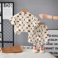 Boys Brown Bear Printed Shirt With T-Shirt And Shorts Sets Sets