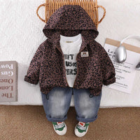 Boys Brown Animal Print Hooded Jacket with T-shirt & Jeans Set Sets Brown 1-2 Y