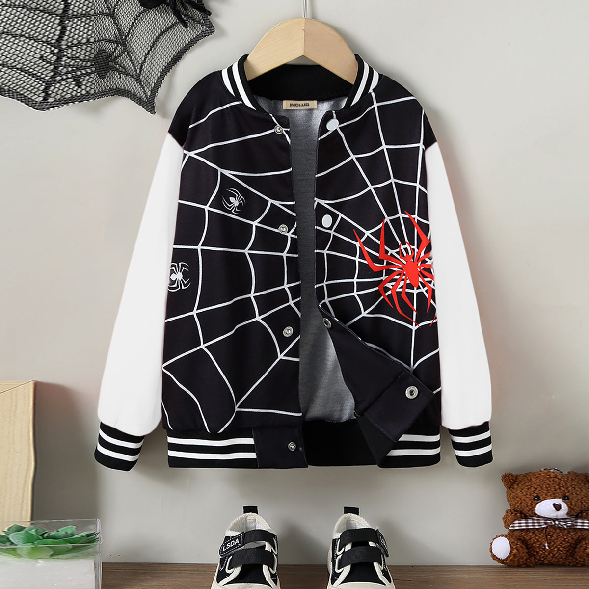 Boys Black Spider Printed Varsity Jacket Coats & Jackets Black 7-8 Y