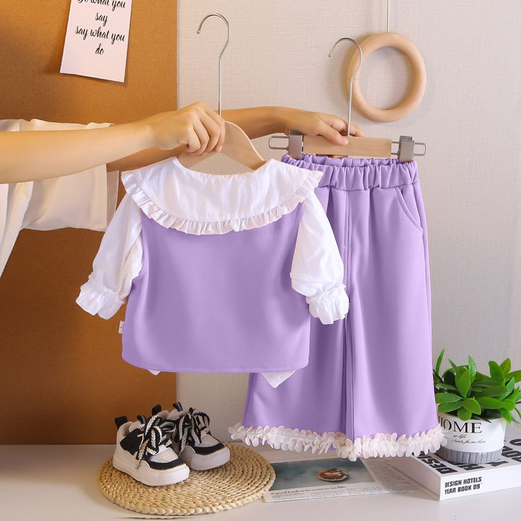 Girls Purple Solid Sleeveless Jacket With Top & Pants Set Sets