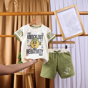Boys Beige Typographic Printed Short Sleeve T-shirts With Elasticated Shorts Sets Sets Beige 1-1.5 Y