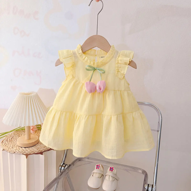 Girls Lime Yellow Sleeveless Bow Accent Tiered Dress Casual Dresses Lime Yellow 1-2 Y