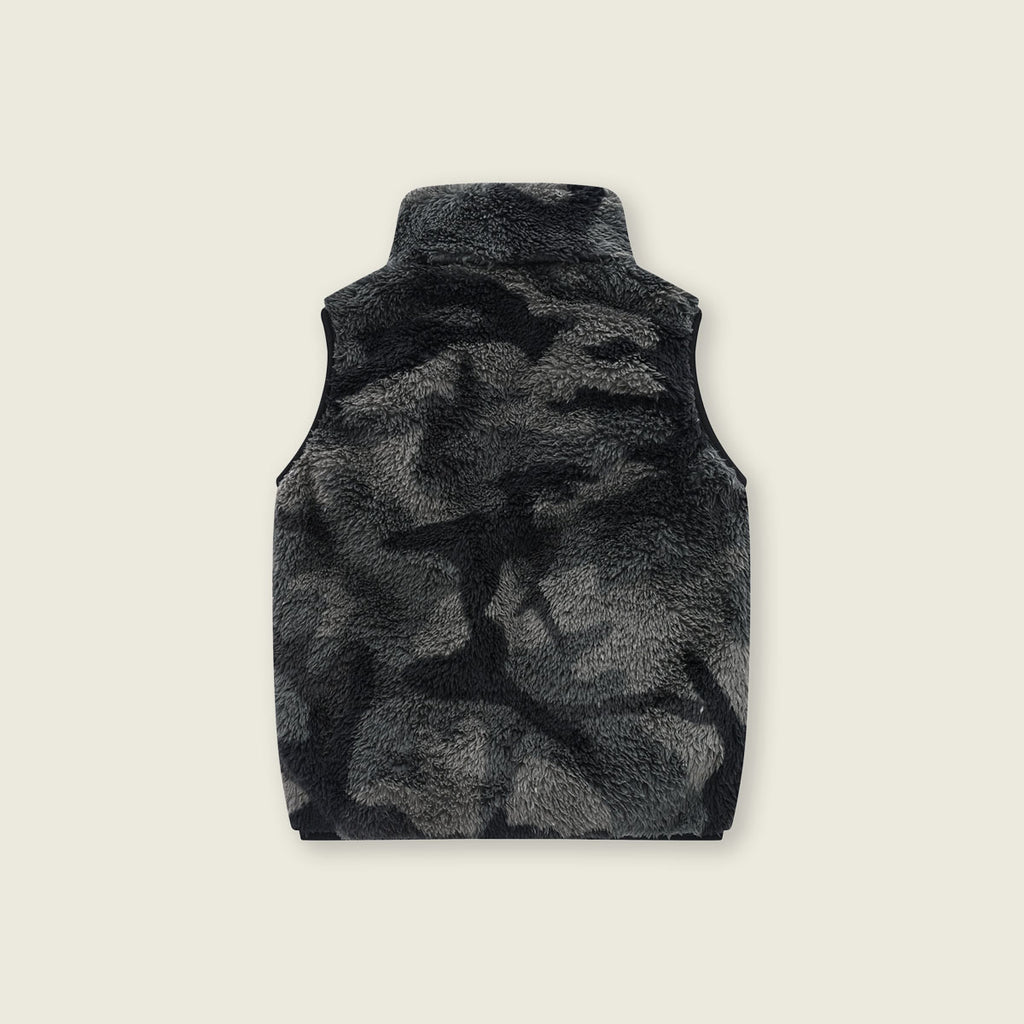 Girls Dark Grey Abstract Printed Fleece Front Zipper Sleeveless Winter Jacket Coats & Jackets