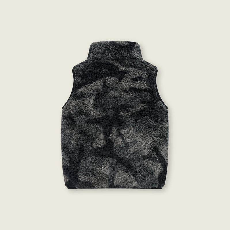 Girls Dark Grey Abstract Printed Fleece Front Zipper Sleeveless Winter Jacket Coats & Jackets