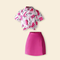 Girls Fuchsia Abstract Printed Short Sleeves Top With Skirt Sets Sets