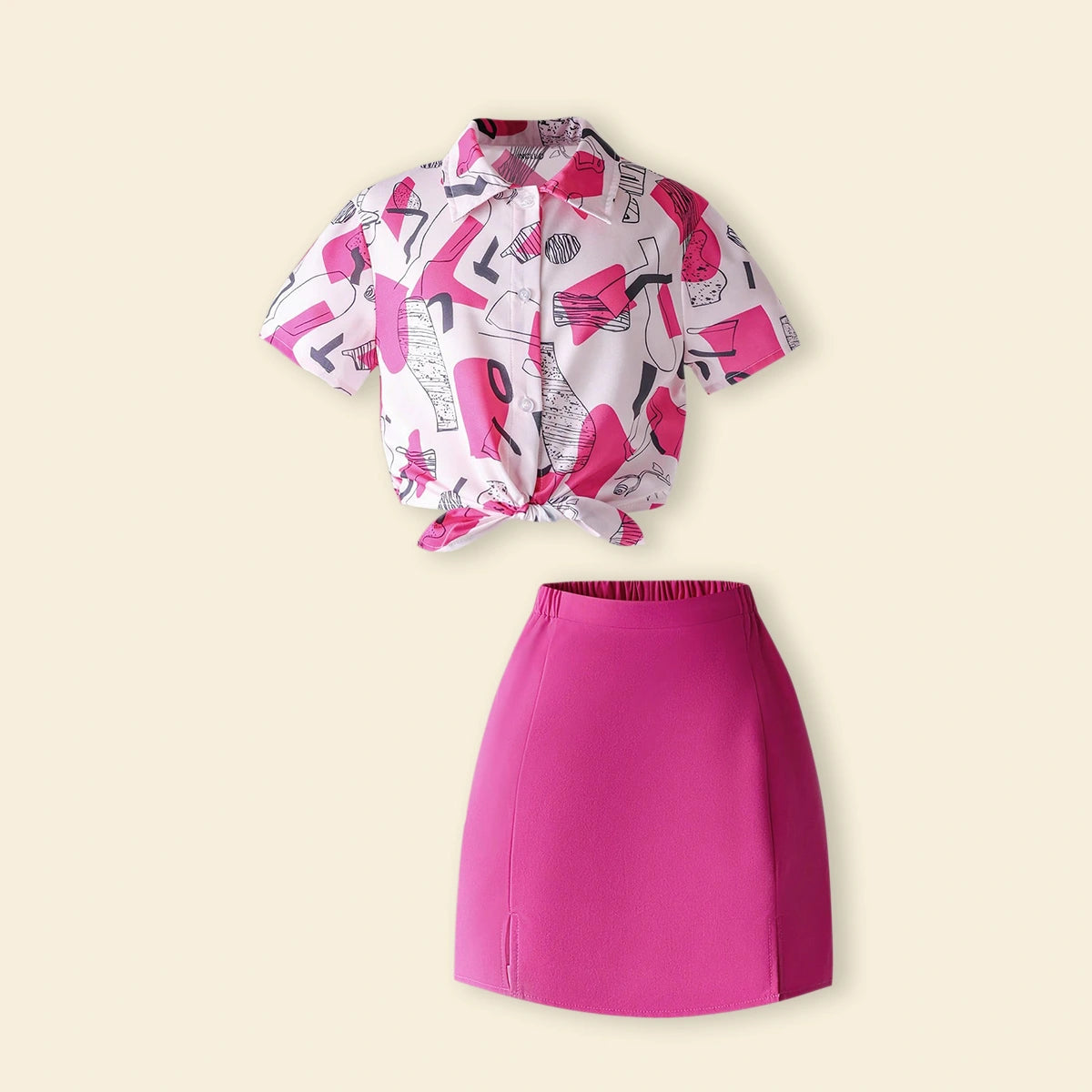 Girls Fuchsia Abstract Printed Short Sleeves Top With Skirt Sets Sets