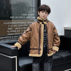 Boys Brown Faux Leather Heavy Jacket With Fleece Lining Coats & Jackets