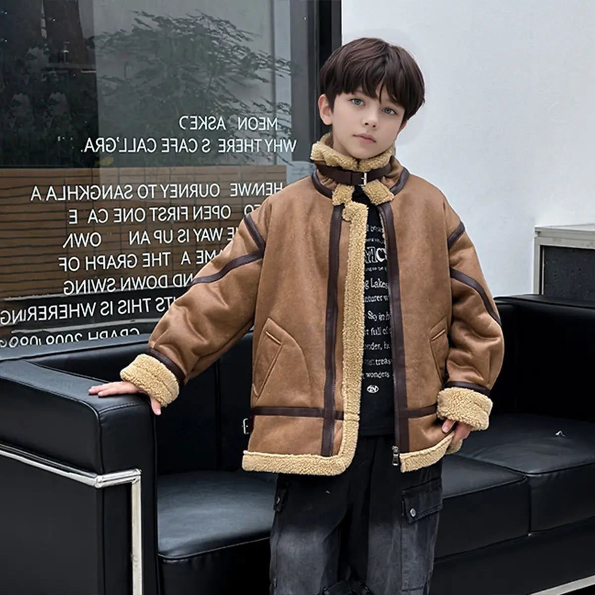 Boys Brown Faux Leather Heavy Jacket With Fleece Lining Coats & Jackets