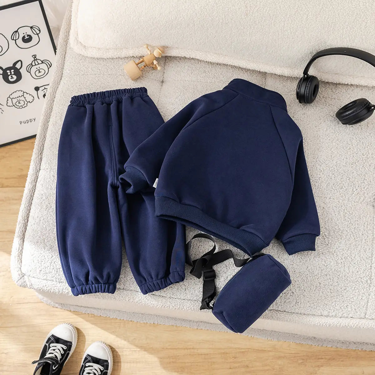 Boys Navy Blue Alphanumeric Printed Regular Sweatshirt With Trouser Sets 3 pc. Sets