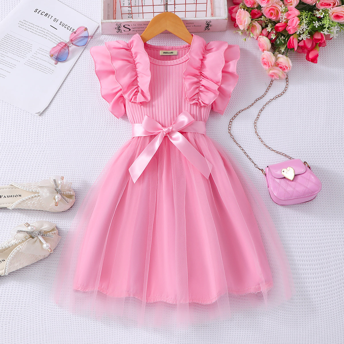 Girls Light Pink Flutter Sleeves Fit And Flared Dress Casual Dresses Light Pink 3-4 Y