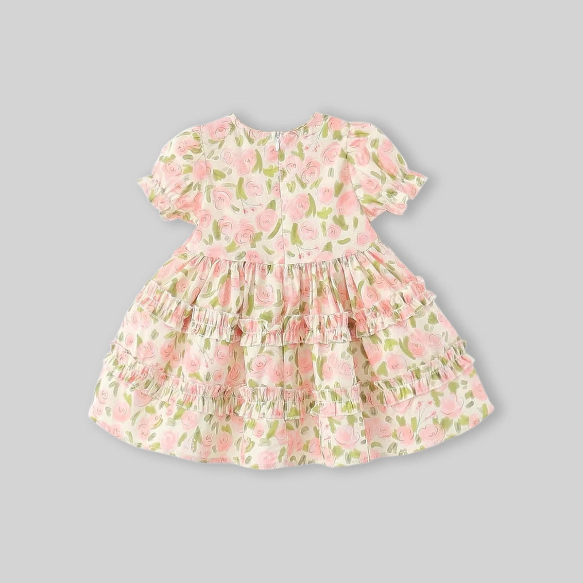 Girls Pink Floral Print Fit & Flare Dress With Puff Sleeves Casual Dresses