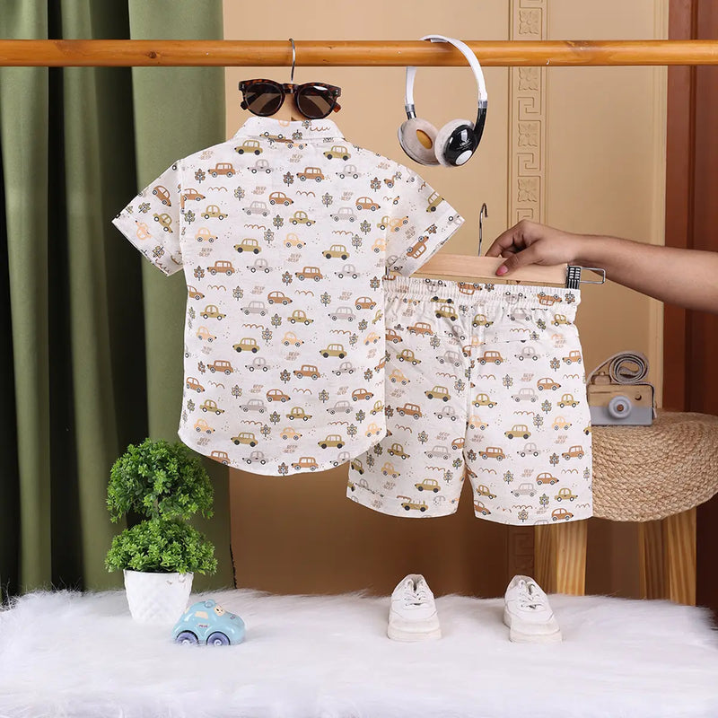 Boys Brown Tropical Print T-Shirt With Printed Shirt and Shorts Sets Sets