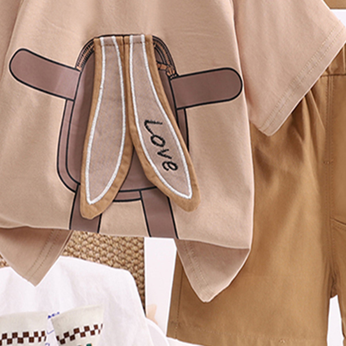 Boys Beige Rabbit Ear Appliqued T-Shirt With Shorts Set 2 pc. Sets