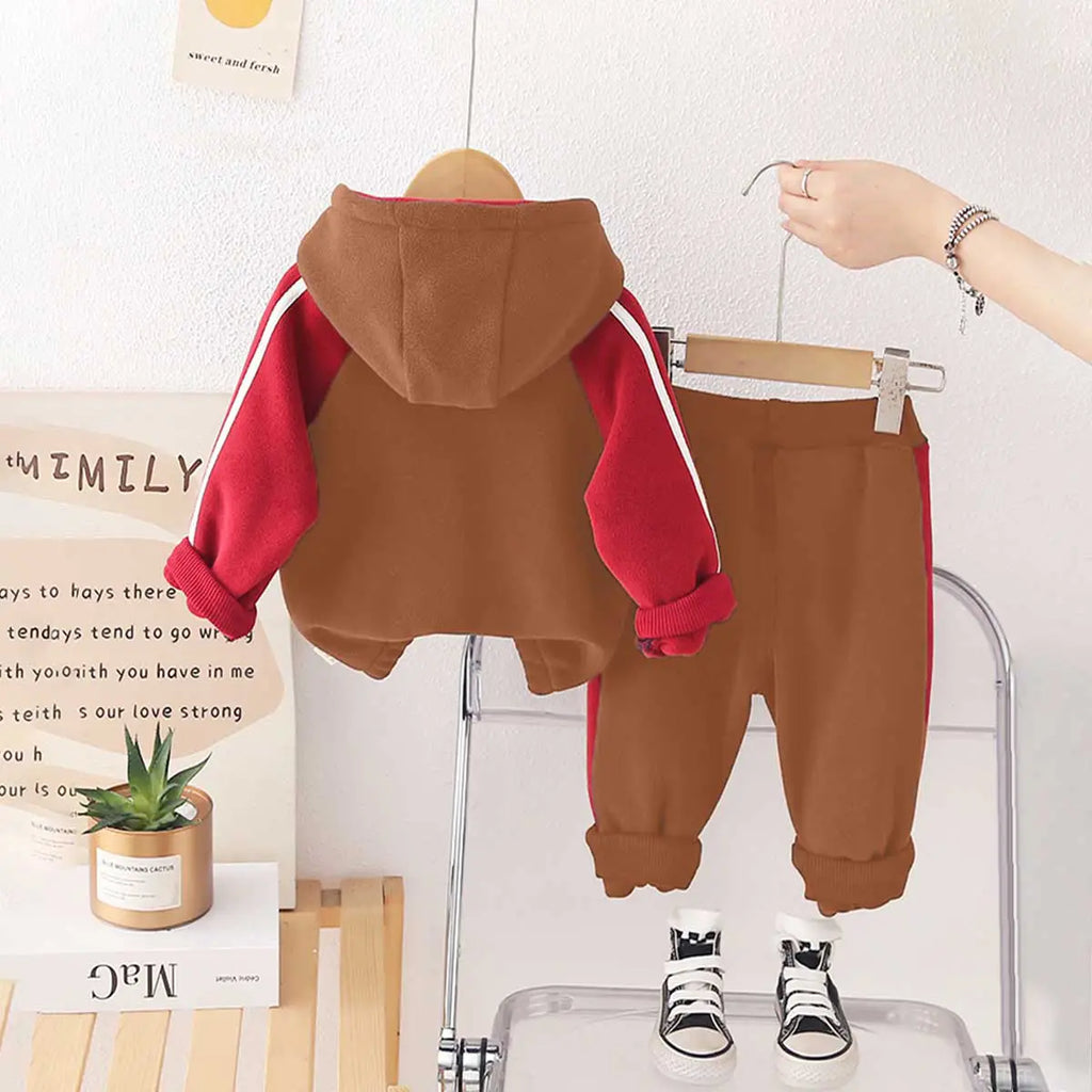 Boys Brown Color-Blocked Fleece Hooded Zipper Jacket With Jogger Co-ord Sets Sets