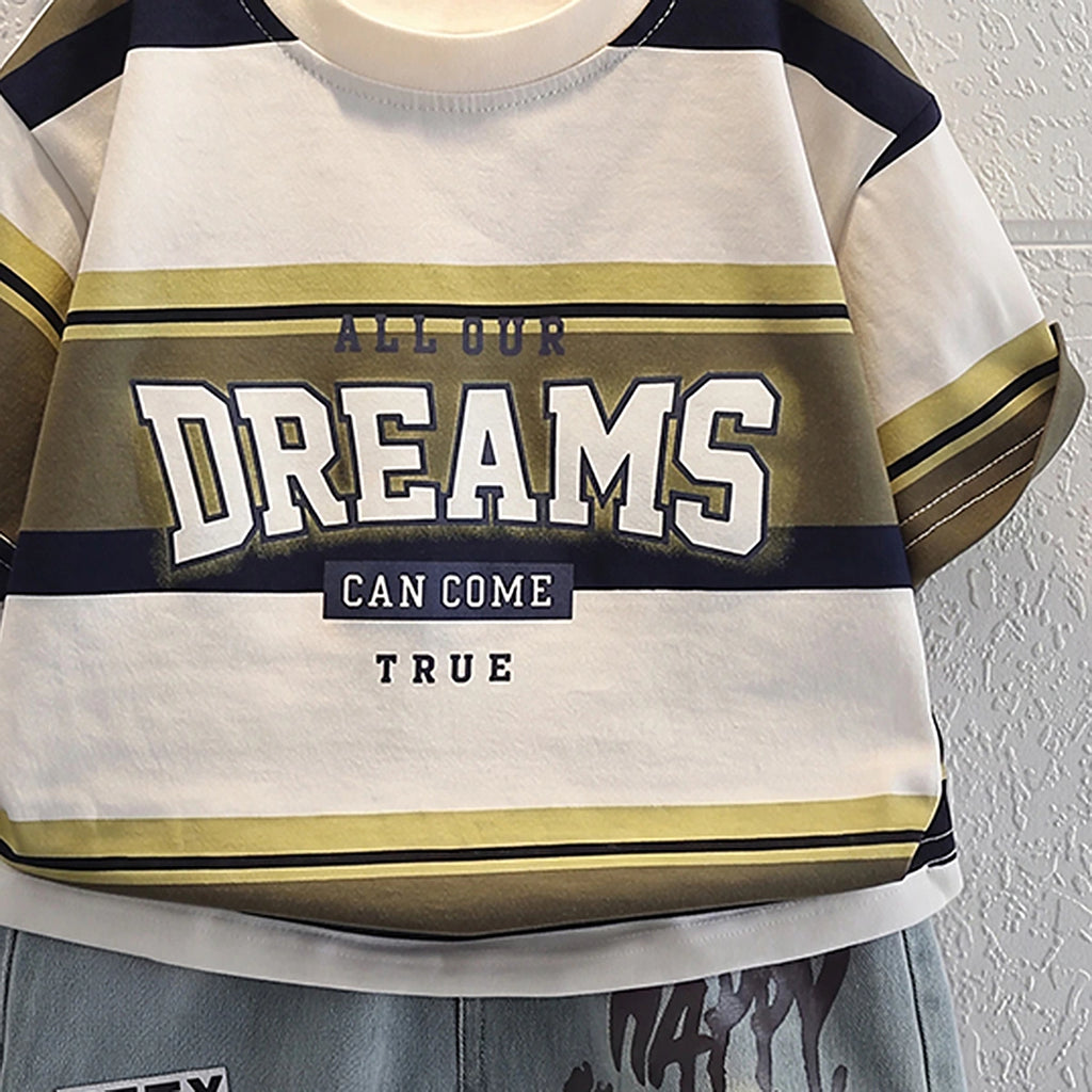 Boys Multicolour Typography print Short Sleeve T-Shirt With Denim Shorts Sets 2 pc. Sets
