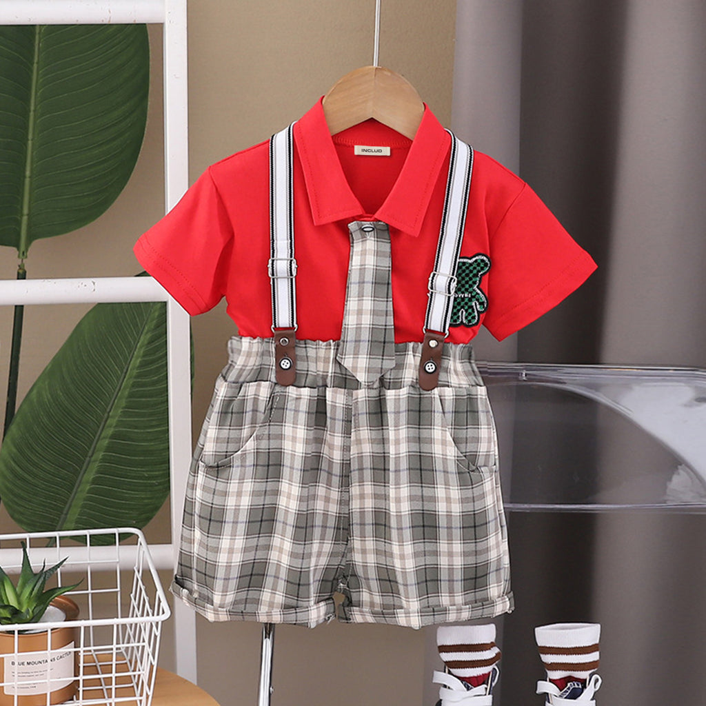 Boys Polo T-shirt with Checkered Suspender Shorts Set