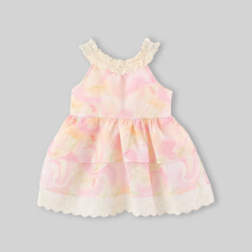 Girls Pink Floral Print Tiered Fit And Flare Dress Casual Dresses