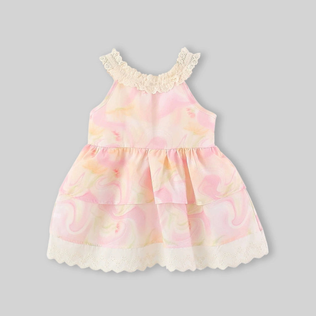 Girls Pink Floral Print Tiered Fit And Flare Dress Casual Dresses