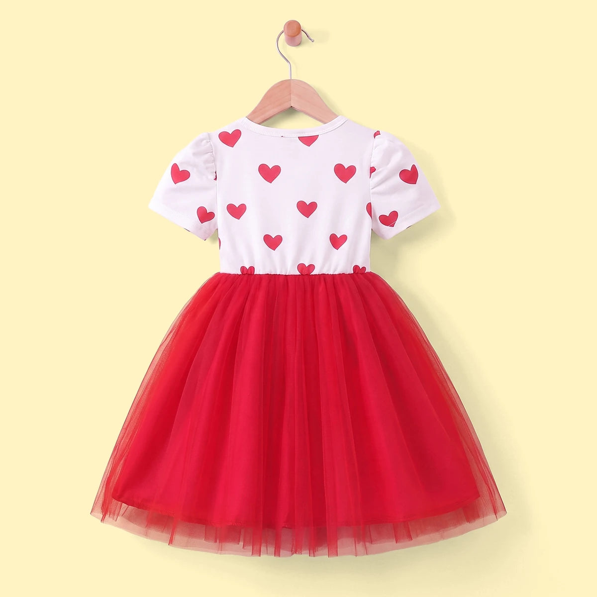 Girls White Heart Print Puff Sleeve Fit & Flare Dress Casual Dresses