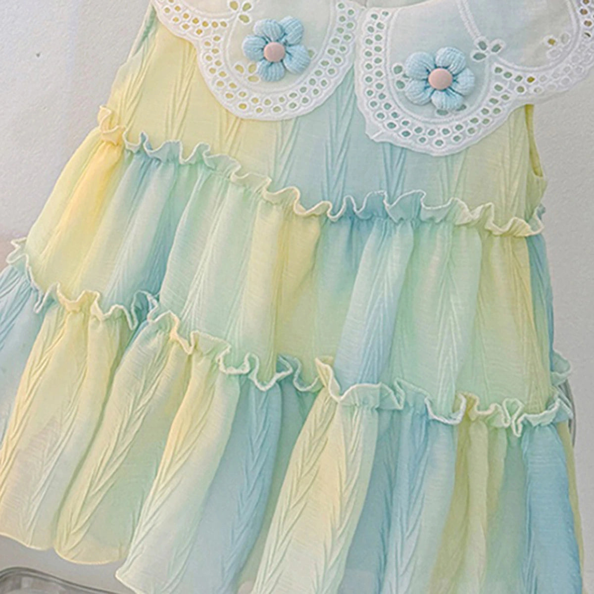 Girls Blue Tie-Dye Schiffli Dress with Peter Pan Collar Casual Dresses