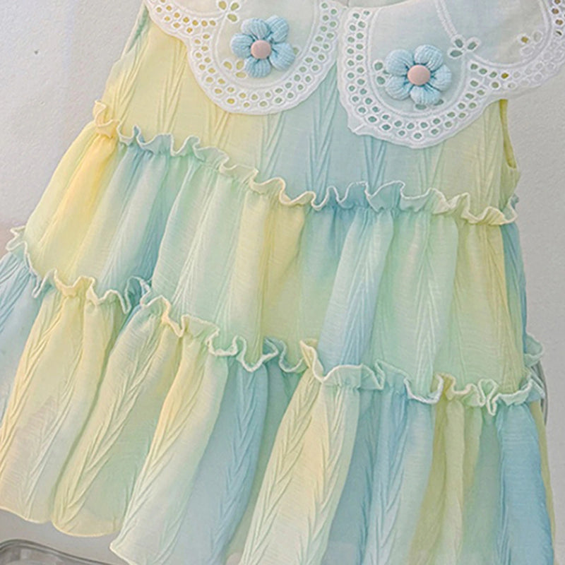Girls Blue Tie-Dye Schiffli Dress with Peter Pan Collar Casual Dresses