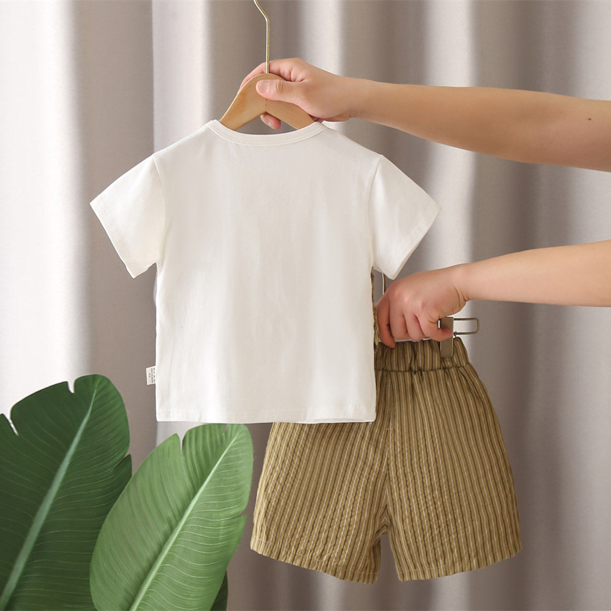 Boys Olive Green Striped Shorts with Short Sleeves T-shirt with attached Waistcoat Set Sets