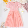 Peach Floral Lace Bodice Tulle Overlay Dress Casual Dresses Peach 8-9 Y