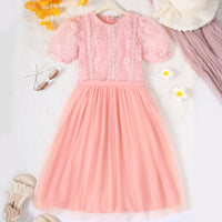 Peach Floral Lace Bodice Tulle Overlay Dress Casual Dresses Peach 8-9 Y