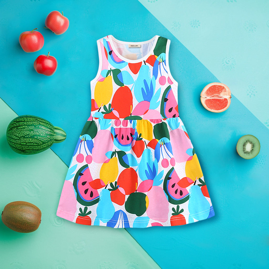 Girls Sleeveless Fruit Print Fit & Flare Dress