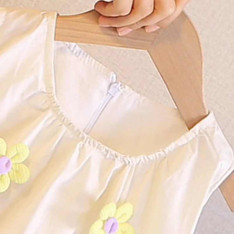 Girls Off White Flowers Applique Sleeveless Balloon Dress Casual Dresses