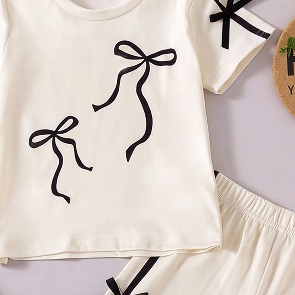 Girls Cream Bow Applique Short Sleeve T-Shirt With Shorts Sets 2 pc. Sets