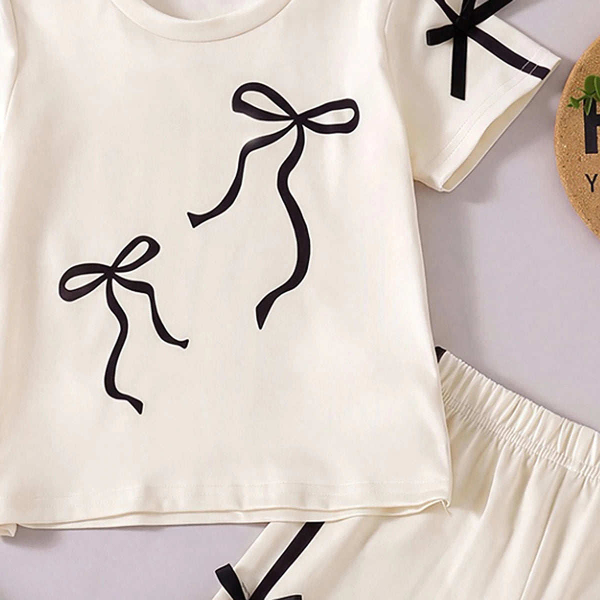 Girls Cream Bow Applique Short Sleeve T-Shirt With Shorts Sets 2 pc. Sets