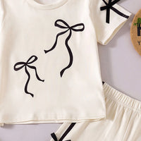 Girls Cream Bow Applique Short Sleeve T-Shirt With Shorts Sets 2 pc. Sets