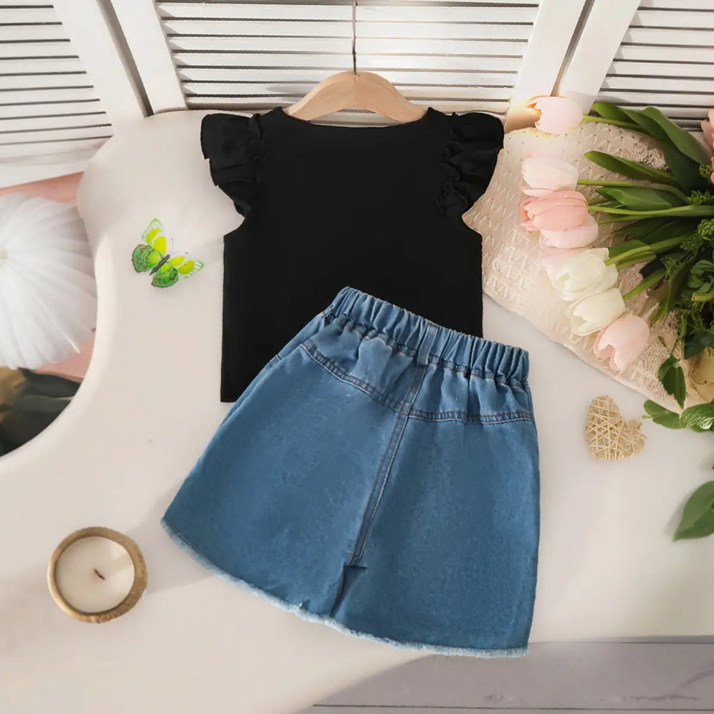 Girls Black Graphics Top With Embroidered Denim Shorts Set Sets